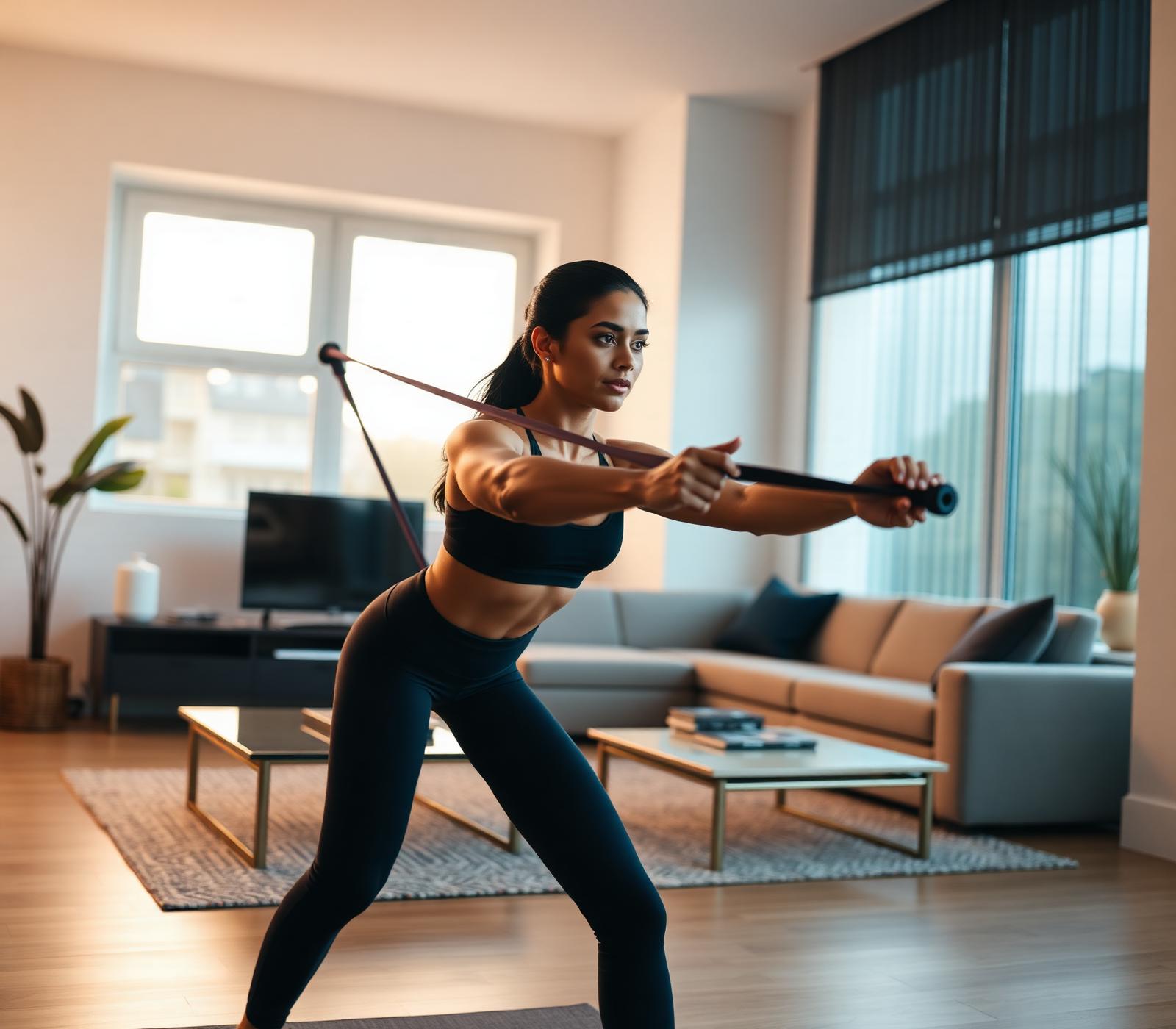 Woman training with a PeakRux resistance band in a bright living room