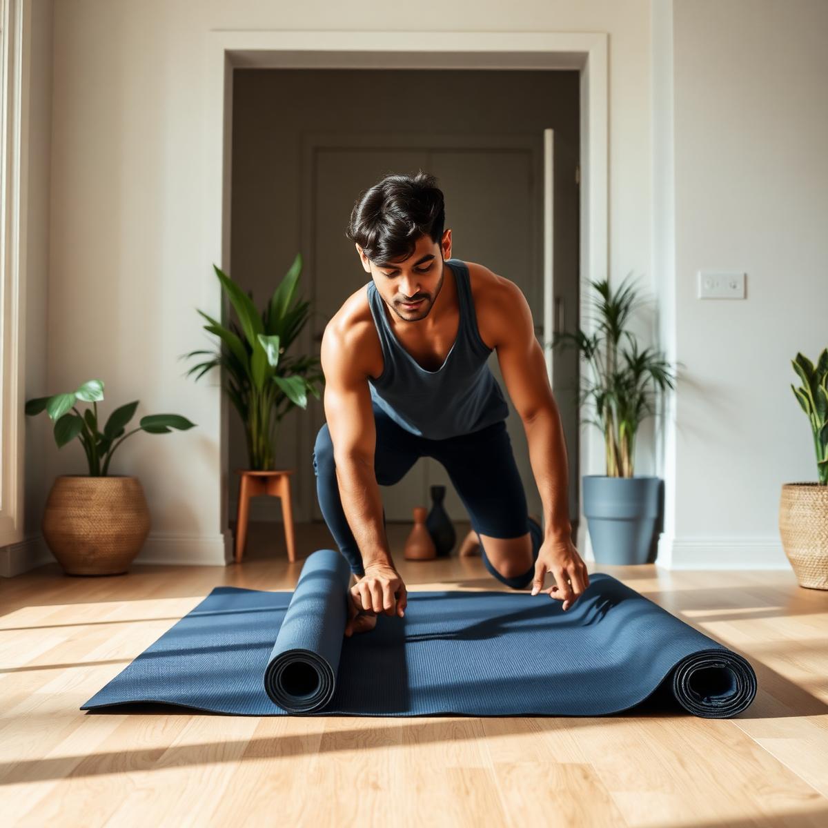 Man unrolling a PeakRux yoga mat at home